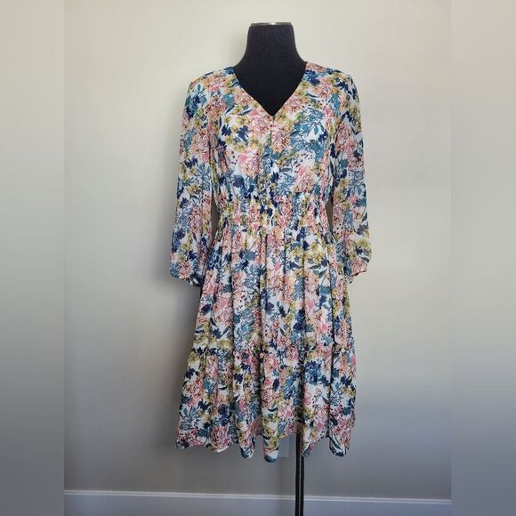 Just Taylor Floral Midi Tiered Dress Smocked Cottagecore Bloomcore Coquette 8 - Picture 2 of 13